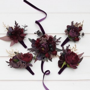  Wedding boutonnieres and wrist corsage  in purple burgundy gold color scheme. Flower accessories. 5223