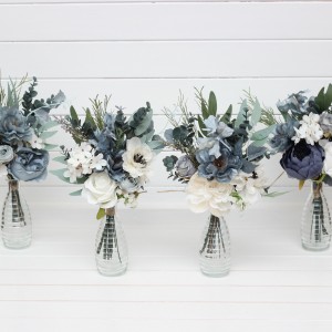 Mini bouquets for vases. Flowers for wedding decor. Dusty blue white bouquts. Centerpiece. 0508