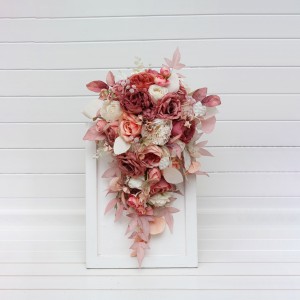 Cascade bridal and Bridesmaid  Bouquets in dusty rose cream color scheme. Wedding flowers. Faux bouquet. 5321