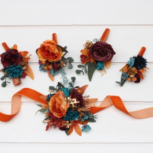  Wedding boutonnieres and wrist corsage  in teal rust burgundy gold color scheme. Flower accessories. 5311