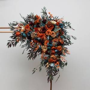  Flower arch arrangement in teal rust burgundy gold colors.  Arbor flowers. Floral archway. Faux flowers for wedding arch. 5311