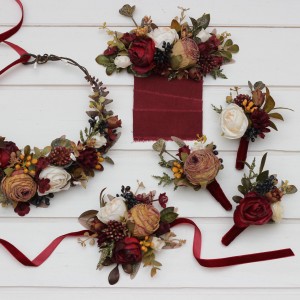  Wedding boutonnieres and wrist corsage  in burgundy ivory white brown color scheme. Flower accessories. Pocket boutonniere. 5310