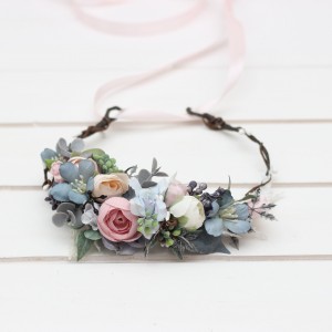 Dusty blue blush pink white flower crown. Hair wreath. Flower girl crown. Wedding flowers. 0509