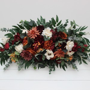  Flower arch arrangement in burnt orange burgundy cream colors.  Arbor flowers. Floral archway. Faux flowers for wedding arch. 5323