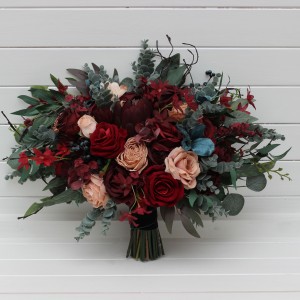 Bouquets in burgundy red beige teal blue color theme. Bridal bouquet. Faux bouquet. Bridesmaid bouquet. 5327