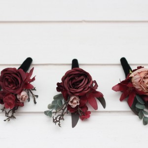  Wedding boutonnieres and wrist corsage  in burgundy beige  color scheme. Flower accessories. 5327