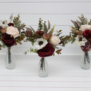 Mini bouquets for vases in burgundy ivory white color scheme. Flowers for wedding decor. Table flowers. Centerpiece. 5310