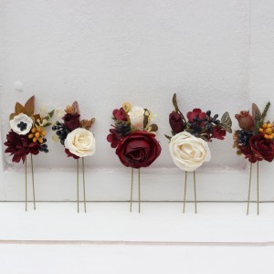  Set of  5 hair pins in  burgundy ivory white color scheme. Hair accessories. Flower accessories for wedding.  5310