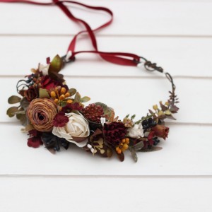 Burgundy ivory white flower crown. Hair wreath. Flower girl crown. Wedding flowers. 5310