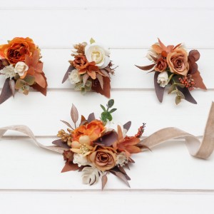  Wedding boutonnieres and wrist corsage  in orange ivory rust terracotta color scheme. Flower accessories. 5140
