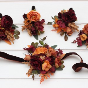  Wedding boutonnieres and wrist corsage  in burgundy orange rust brown color scheme. Flower accessories. 5330