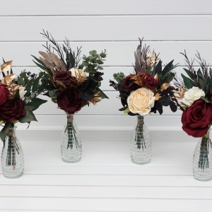 Mini bouquets for vases in burgundy black gold ivory color scheme. Flowers for wedding decor. Table flowers. Centerpiece. 0032