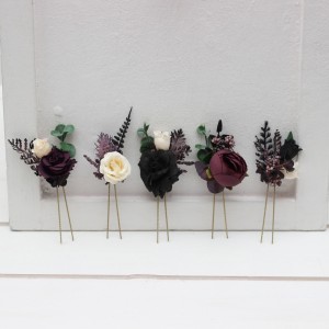  Set of  5 hair pins in  purple black ivory green  color scheme. Hair accessories. Flower accessories for wedding.  5289