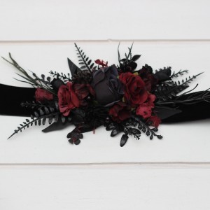 Black and burgundy flower belt for wedding. Floral sash. Bridal belt. Flower girl belt. 5325