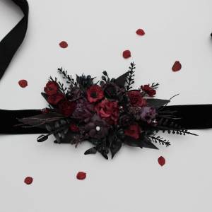 Purple burgundy black flower belt for wedding. Floral sash. Bridal belt. Flower girl belt. 5432
