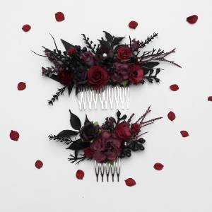 Flower combs in purple burgundy black color scheme. Wedding accessories for hair. Bridal flower comb. Bridesmaid floral comb. 5432