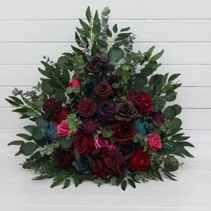 Jewel-tone wedding. Purple red teal magenta standing flowers. Aisle flowers. Wedding decorations. Floor flowers. 5297
