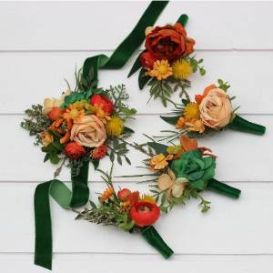  Wedding boutonnieres and wrist corsage  in orange green color scheme. Flower accessories.5337