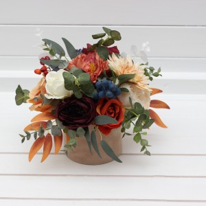 Rust navy blue ivory burgundy centerpiece. Table decor. Wedding flowers in box. 0007