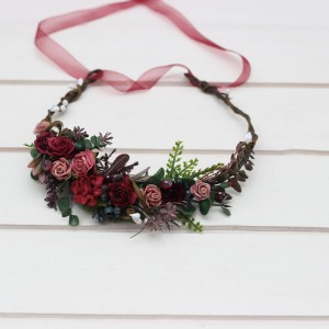 Burgundy dusty rose flower crown. Hair wreath. Flower girl crown. Wedding flowers. 5341