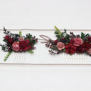 Flower comb in burgundy dusty rose color scheme. Wedding accessories for hair. Bridal flower comb. Bridesmaid floral comb. 5341