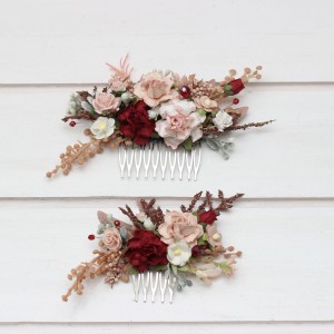 Flower comb in burgundy blush pink  color scheme. Wedding accessories for hair. Bridal flower comb. Bridesmaid floral comb. Rustic wedding. 5342