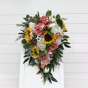 Cascade bridal bouquet with sunflowers in dusty rose, white, yellow and silver colors. Bridesmaid bouquet. Artificial wedding arrangement. 5384 Cascade bridal bouquet with sunflowers in dusty rose, white, yellow and silver colors. Bridesmaid bouquet. Artificial wedding arrangement. 5384