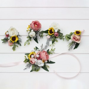  Wedding boutonnieres and wrist corsage in white dusty rose silver yellow color scheme. Sunflowers wedding  accessories. 5384