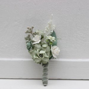  Wedding boutonniere  in sage green white ivory color scheme. Groom accessories. Prom buttonhole. 5391