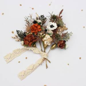 Set of 5 bobby pins in vintage rustic style. Earth, brown, rust, cream, ivory, gold with deep green and black. Bridal hairpins.  5433