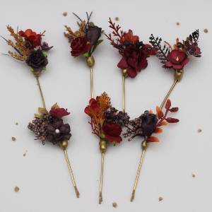  Set of  7 hair pins in burgundy, purple, and rust colors. Flower hair pins. Hair accessories. Flower accessories for wedding.  Bridesmaid gift.  5434