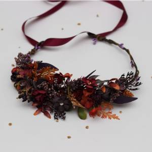 Flower crown in burgundy, purple, and rust colors. Wedding hair wreath. Flower girl crown.  5434