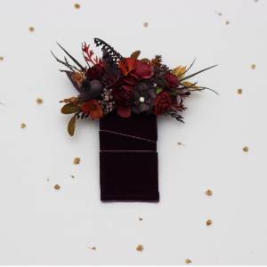  Pocket boutonniere in burgundy, purple and rust  color scheme. Square flowers. 5434