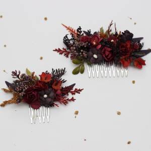 Flower combs in burgundy, purple and rust color scheme. Wedding hair accessories for hair. 5434