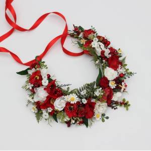 Red white floral crown. Bridal hair wreath. Flower girl crown. Folk wildflowers crown. 5435