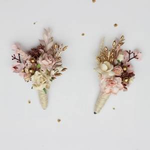  Wedding boutonnieres  in vintage boho style in blush pink, cream and gold. Flower rustic accessories. 5436