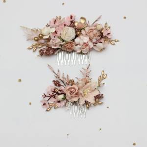 Flower comb in vintage boho style in blush pink, cream and gold color scheme. Wedding accessories for hair. Bridal Bridesmaid floral comb. 5436