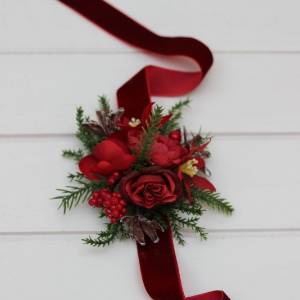  Wedding winter wrist corsage  in red and green color scheme. Christmas flower accessories. 5438