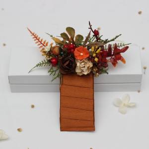 Rust brown red orange ivory pocket boutonniere with berries. Square flowers. 5437