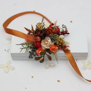  Wedding  wrist corsage  in rust brown red orange ivory with berries. Mother bracelet. Flower accessories. 5437