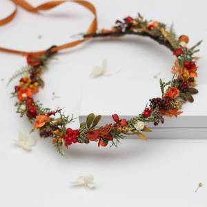 Rust brown red orange ivory flower crown .with berries Hair wreath. Flower girl crown. Wedding flowers. 5437