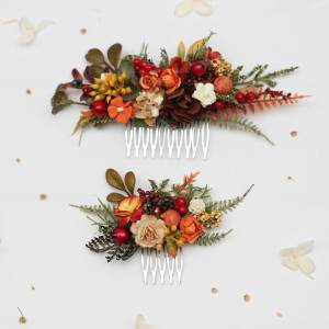 Flower combs in rust brown red orange ivory  colors with berries. Wedding accessories for hair. Bridal flower 21587. 5437