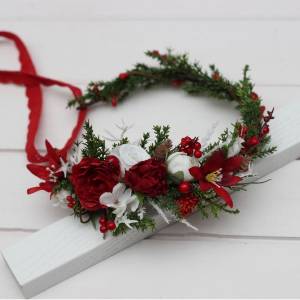 Red and white flower crown for winter event. Flower girl headband.  5440