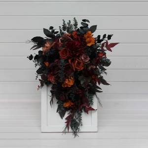 Moody burgundy black rust dusty rose cascading bouquet. Faux wedding flowers. 5441