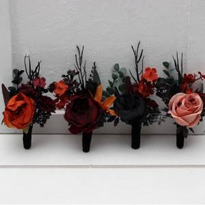 Moody wedding boutonnieres. Burgundy, black, rust and dusty rose floral accessories. 5441