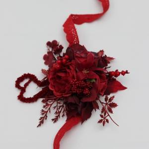 Wrist corsage in red and burgundy color scheme. 5442