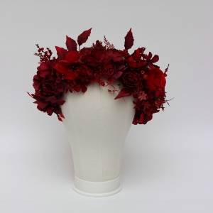 Red and burgundy wedding flower crown.  5442