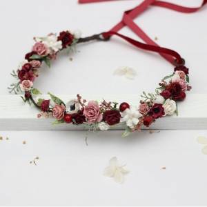 Burgundy white dusty rose flower crown. Hair wreath.  5444
