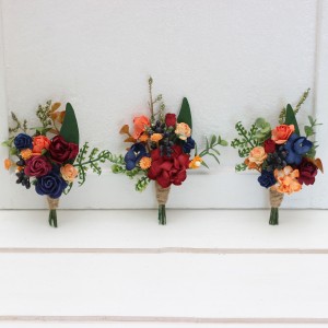  Wedding boutonnieres and wrist corsage  in burgundy navy blue and rust color scheme. Flower accessories. 5343