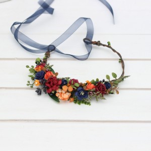 Burgundy navy blue and rust flower crown. Hair wreath. Flower girl crown. Wedding flowers. 5343